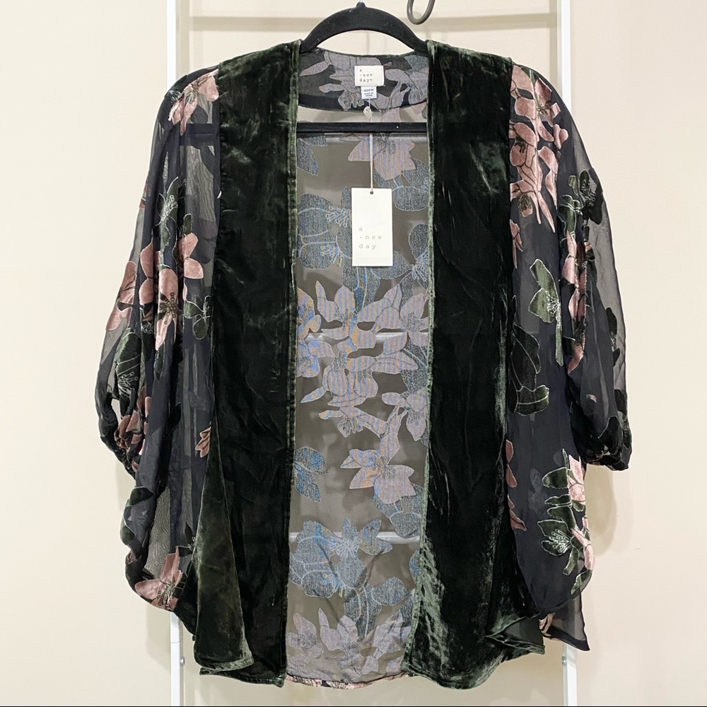 A New Day Paisley Floral Velvet Sheer Burnout Open Cocoon Kimono Cardigan